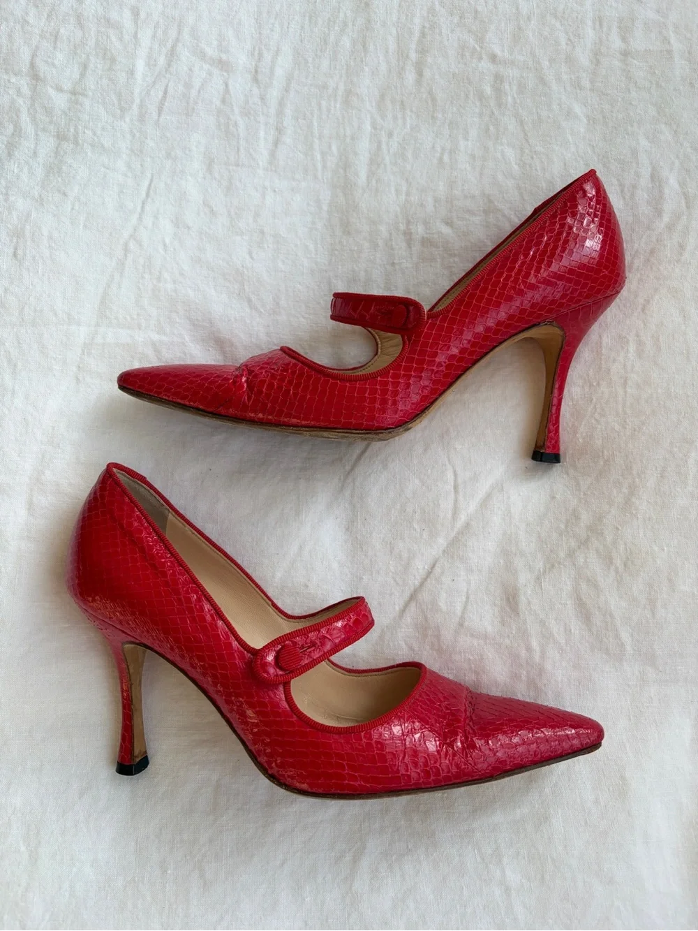 Vintage Manolo Blahnik Python Snake Leather Pointy Toe Mary Jane Heels Red